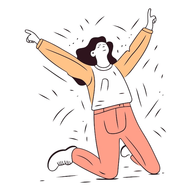 Plik wektorowy szczęśliwa młoda kobieta skacząca z podniesionymi rękami w stylu doodle