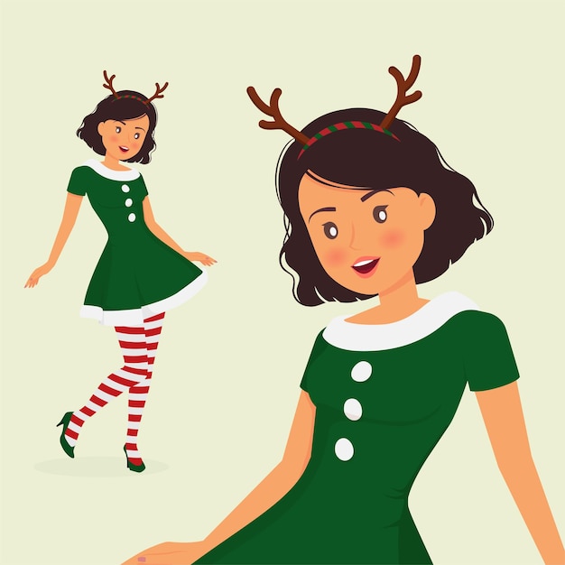 Plik wektorowy szczęśliwa młoda kobieta w świątecznym przebraniu i opasce do włosów reniferów