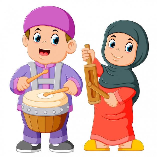 Szczęśliwa Muzułmańska Dzieciak Kreskówka Gra Tradycyjnych Instrumentów Muzycznych