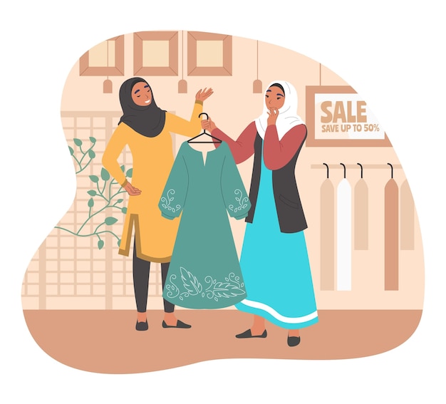 Szczęśliwa muzułmańska dziewczyna robiąca zakupy w sklepie z odzieżą dla kobiet płaska ilustracja wektorowa Młoda arabka w tradycyjnych ubraniach i hidżabie wybierająca nowoczesną sukienkę z asystentką w butiku mody