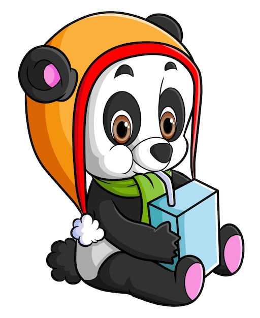 Szczęśliwa Panda Pije Mleko Z Pudełka Do Picia Na Ilustracji