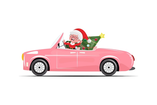 Plik wektorowy szczęśliwa pani mikołaj macha i transportuje ozdobioną choinkę w różowym samochodzie