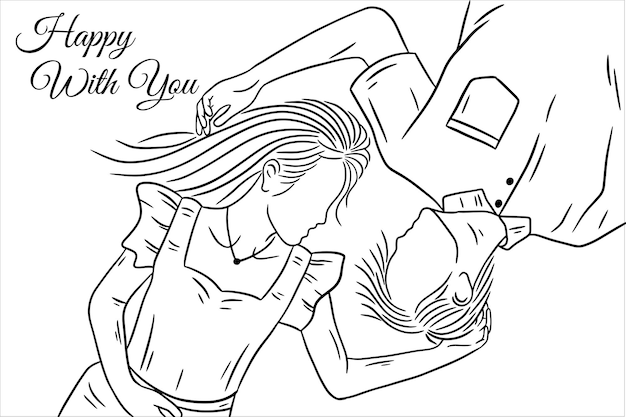 Szczęśliwa Razem Miłość Para Kobiet Dziewczyn I Chłopców Przyjaciół Grafika Linia Ręcznie Rysowane Styl Ilustracja