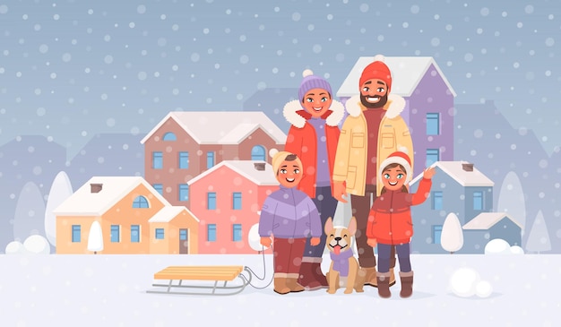 Plik wektorowy szczęśliwa rodzina na spacerze na świeżym powietrzu w zimie na tle miasta. wolny czas. w stylu kreskówki