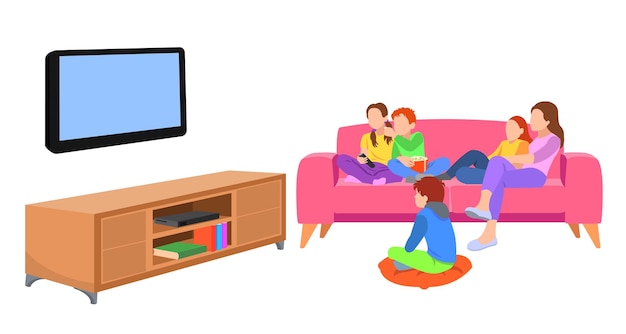 Szczęśliwa Rodzina Ogląda Telewizję Razem W Salonie Ilustracja Rodziny W Stylu Kreskówki