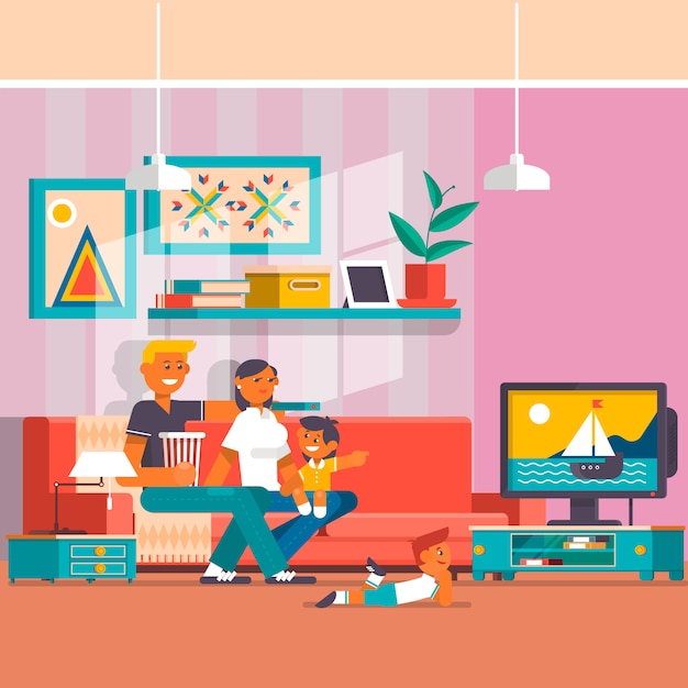 Szczęśliwa Rodzina Ogląda Tv Wektorową Płaską Ilustrację