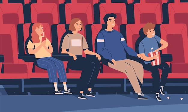 Plik wektorowy szczęśliwa rodzina siedzi w kinie płaskie ilustracji wektorowych. rodzice i dzieci piją napoje i jedzą popcorn w pustej sali kinowej. uśmiechnięci ludzie oglądają film zainteresowania na krzesłach.