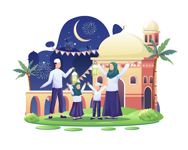 Szczęśliwa Rodzina świętująca Islamski Nowy Rok Ilustracja