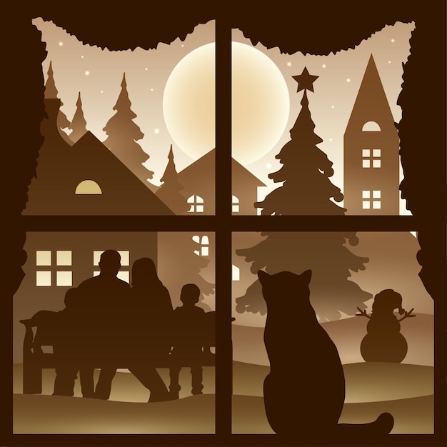 Szczęśliwa Rodzina Sylwetka świętująca Boże Narodzenie Z Kotem Patrzącym Z Okna