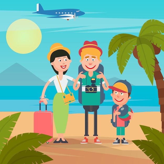 Szczęśliwa Rodzina W Podróży Samolotem. Młoda Rodzina Na Tropikalne Wakacje