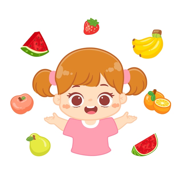 Szczęśliwa śliczna Dzieciak Dziewczyna Pokazująca Zdrową Kreskówkę Z Jedzeniem Owocowym