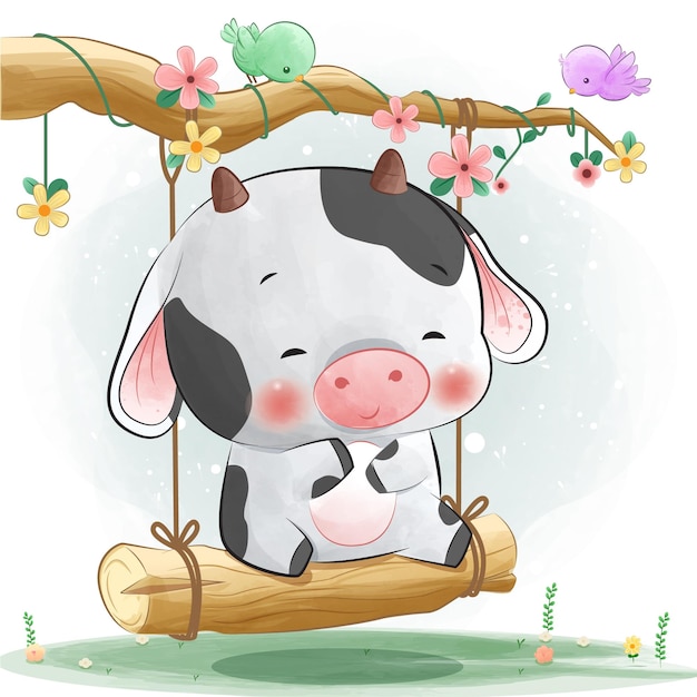 Szczęśliwa śliczna krowa na huśtawce baby shower ilustracji