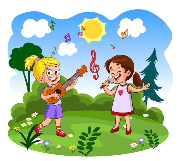 Szczęśliwa Słodka Dziewczynka śpiewa Z Uśmiechem. Dzieci śpiewają W Naturze W Radosny Dzień Ilustracji Wektorowych