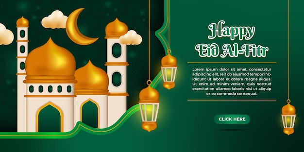 Szczęśliwa Strona Docelowa Eid Alfitr W Kolorze Zielonym Z Meczetem 3d