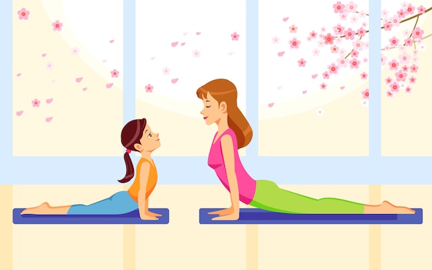 Plik wektorowy szczęśliwa uśmiechnięta matka i córka wpólnie robi joga ćwiczymy w domu