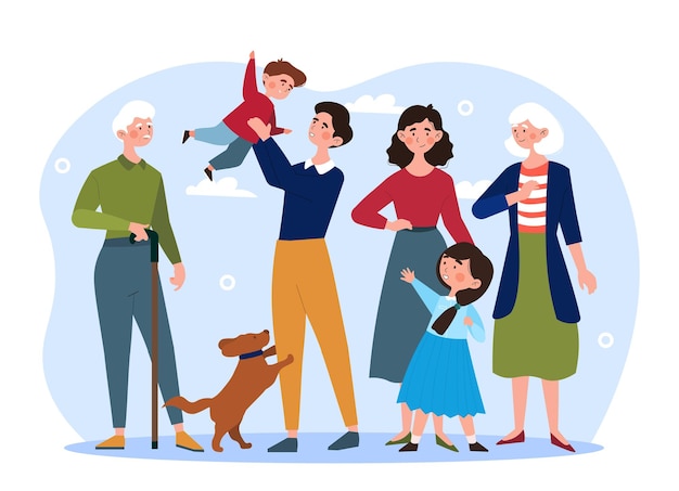 Szczęśliwa wielka rodzina koncepcja babcia dziadek mama tata dzieci i zwierzęta stoją razem szczęśliwi dorośli i