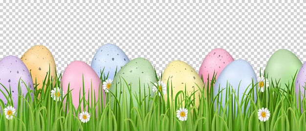 Plik wektorowy szczęśliwa wielkanoc bezszwonowa granica z realistycznymi kolorowymi plamistymi jajkami wielkanocnymi zieloną trawą i rumianem