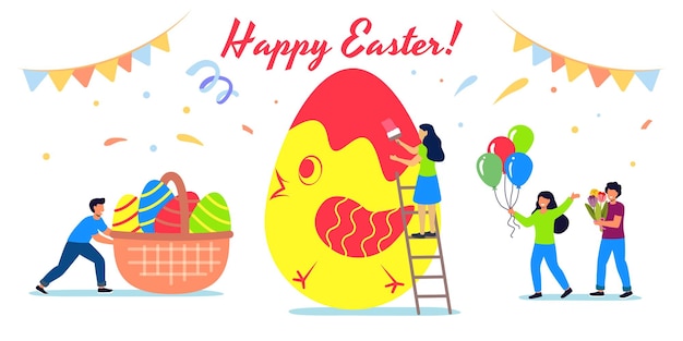 Szczęśliwa Wielkanocna Kartka Z życzeniami Ilustracja Wektorowa Maleńkich Ludzi Z Rodziny Malujących Jajko