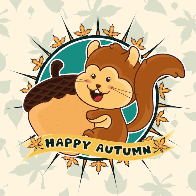 Szczęśliwa wiewiórka przytulająca orzech Szczęśliwa jesień obraz Vector