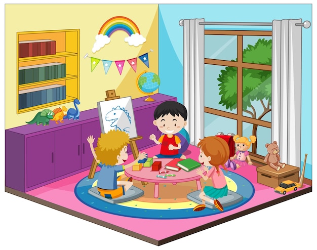 Plik wektorowy szczęśliwe dzieci na scenie pokoju przedszkola w kolorowym motywie