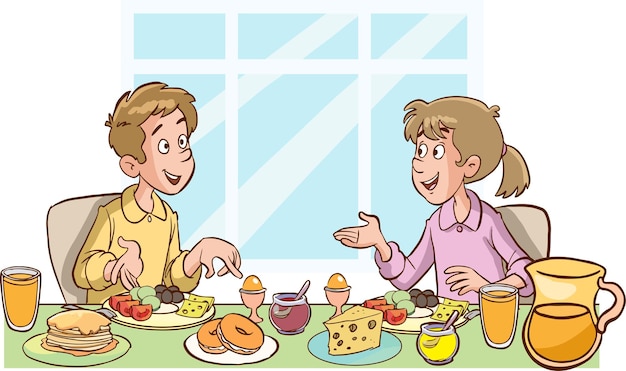 Plik wektorowy szczęśliwe dzieci samodzielnie jedzące śniadanie. koncepcja żywienia dzieci. ilustracja kreskówka wektor