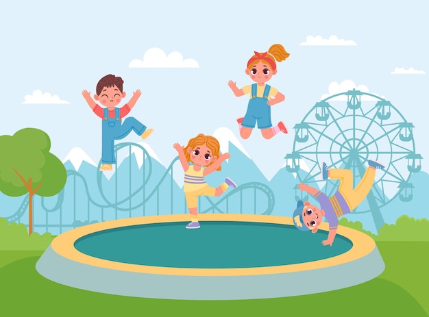 Szczęśliwe Dzieci Skaczące Na Trampolinie I Cieszące Się Zabawą