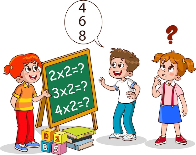 Szczęśliwe dzieci uczące się matematyki. Osoba dziecko wykonuje ćwiczenia matematyczne, obliczając, pisząc na tablicy kredowej