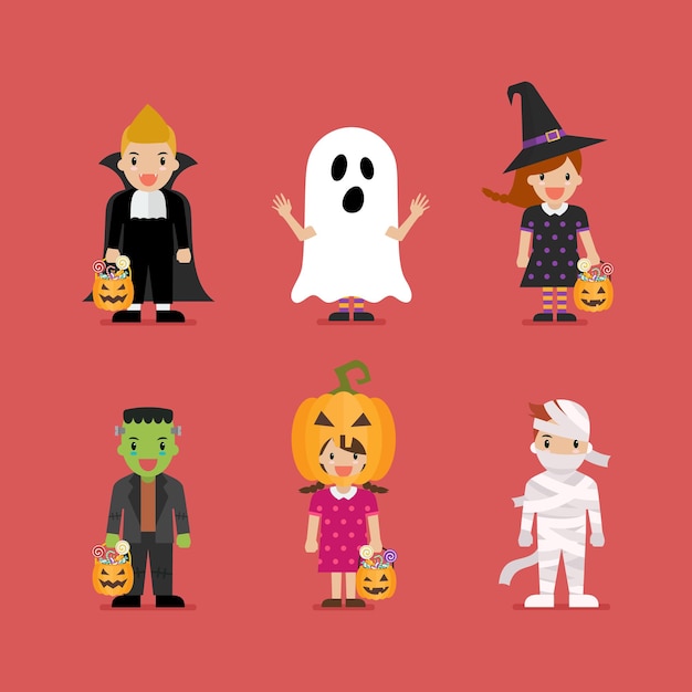 Szczęśliwe dzieci w przerażających różnych strojach. Halloweenowa impreza świąteczna. Ilustracja wektorowa