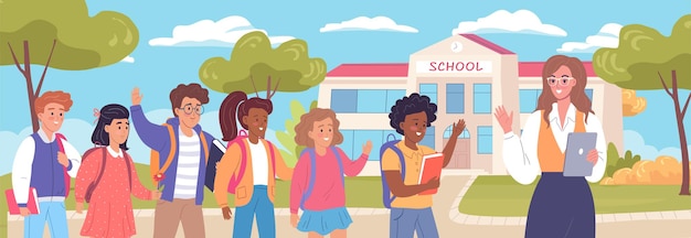 Plik wektorowy szczęśliwe dzieci w wieku szkolnym wracają do szkoły po wakacjach