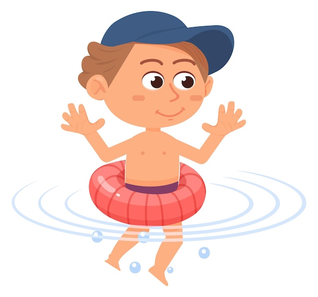 Plik wektorowy szczęśliwe dziecko w pływackim kółku letnia aktywność chłopca
