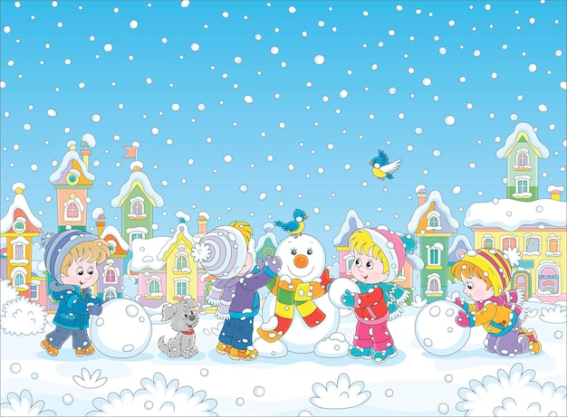 Szczęśliwe Małe Dzieci Robiące Zabawnego Bałwana Na Zimowym Placu Zabaw W Zaśnieżonym Parku ładnego Miasteczka