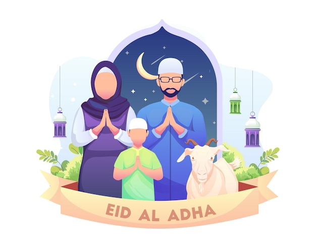 Szczęśliwe powitanie Eid Al Adha Mubarak z ilustracją rodziny muzułmańskiej