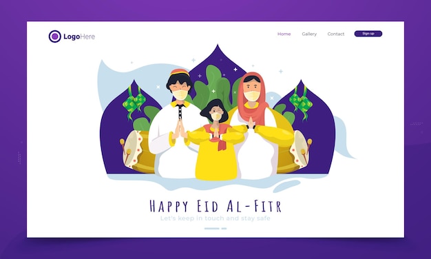 Szczęśliwe Pozdrowienia Eid Mubarak Z Rodzinami Muzułmańskimi Używającymi Masek Zdrowotnych