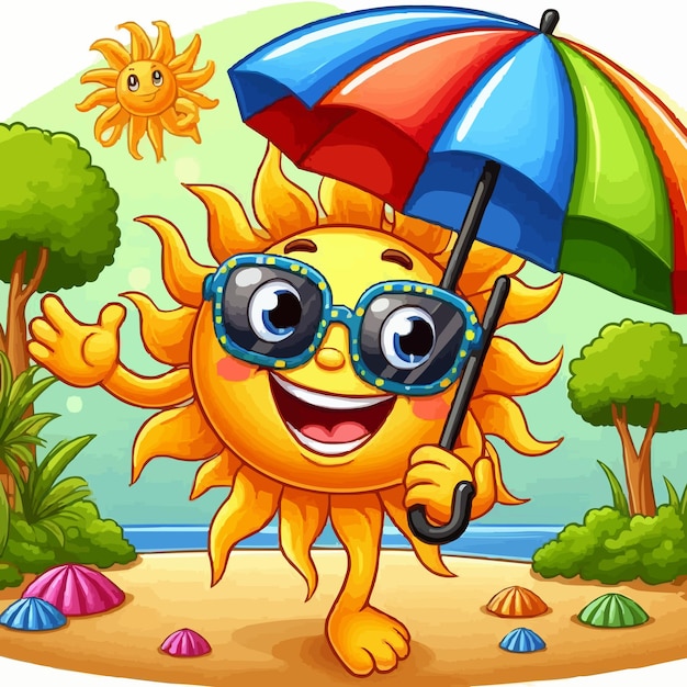 Plik wektorowy szczęśliwe słońce z okularami przeciwsłonecznymi i parasolem