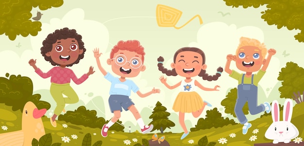 Plik wektorowy szczęśliwe wielokulturowe dzieci skaczące na tle przyrody chłopcy, dziewczęta bawiące się_ai_generated
