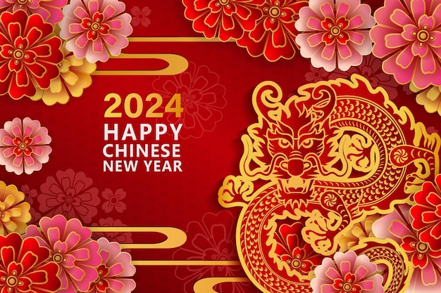 Plik wektorowy szczęśliwego chińskiego nowego roku złotego smoka reliefowego i okrągłej fali krzywej kwiatu piwonii