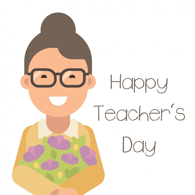 Szczęśliwego Dnia Nauczyciela. Szczęśliwy Młody Nauczyciel Z Kwiatami