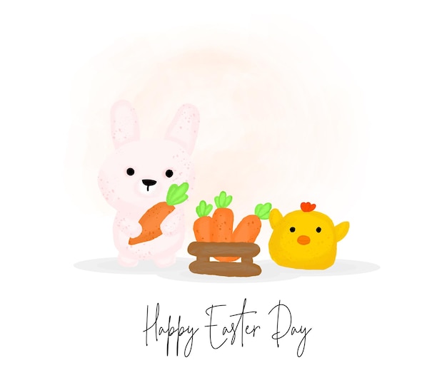 Plik wektorowy szczęśliwego dnia wielkanocnego z uroczym królikiem i pisklęciem w stylu kreskówki