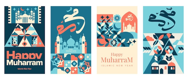 Szczęśliwego Muharrama, Nowego Roku Hidżry. Islamski Nowy Rok. Kolekcja Zestaw Ilustracji Wektorowych Geometrycznych