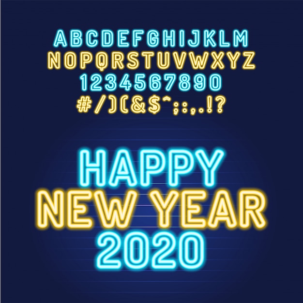 Szczęśliwego Nowego Roku 2020 Neon Rurka Alfabetu Czcionki. Typografia Dla Nagłówków, Plakatów Itp.