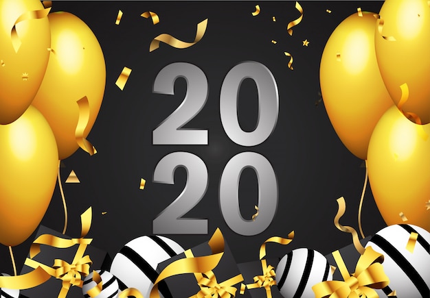 Szczęśliwego nowego roku 2020 tekst srebrny znak ze złotym konfetti, balon, pudełko.