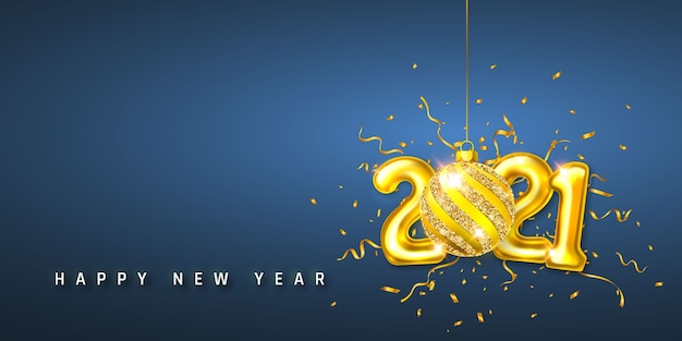 Szczęśliwego Nowego Roku 2021. Złote numery balonów helowych 2021 i świąteczna piłka z konfetti