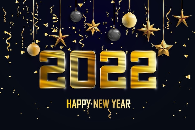 Szczęśliwego Nowego Roku 2022 Boże Narodzenie czarne tło ozdobione złotymi iskierkami i gwiazdami