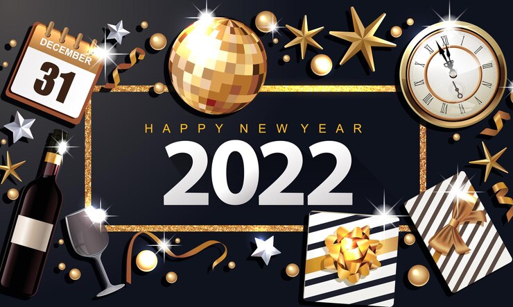 Wektor szczęśliwego nowego roku 2022 luksusowy baner ze złotą wstążką w pudełku i kokardą w ramce na czarnym tle