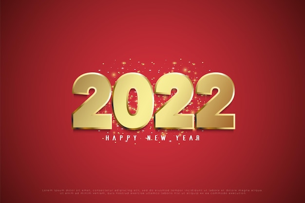 Szczęśliwego nowego roku 2022 na czerwonym tle ze złotą brokatową dekoracją