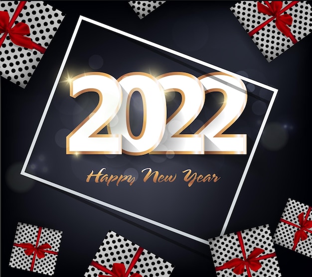 Szczęśliwego Nowego Roku 2022 Tło. Złote Błyszczące Numery Z Konfetti I Wstążkami Na Czarnym Tle. Projekt Karty Z Pozdrowieniami świątecznymi.