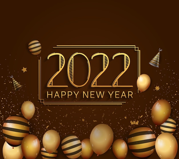 Plik wektorowy szczęśliwego nowego roku 2022 złoty kolor z balonami na białym tle brązowym na uroczystość