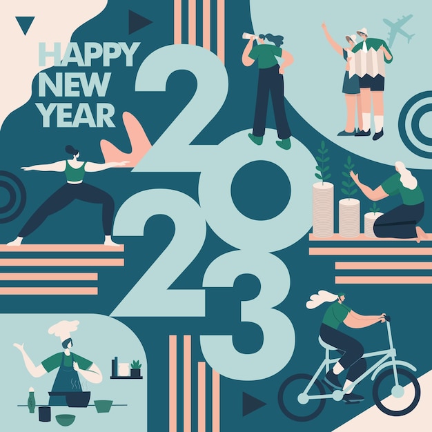 Szczęśliwego Nowego Roku 2023 2023 Cele I Rezolucje Ilustracja Koncepcja Malutcy Ludzie Bawią Się Swoimi Celami W 2023