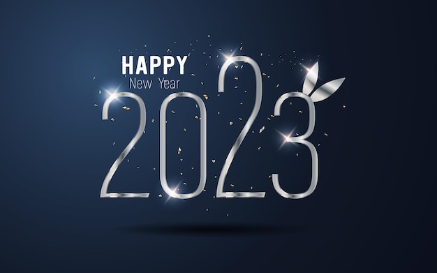 Szczęśliwego Nowego Roku 2023 metalowy numer i wstążka na tle gradientu bule