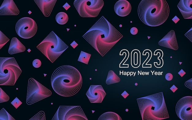 Szczęśliwego Nowego Roku 2023 numer tekstu 2023 na abstrakcyjnym kolorowym tle kształtu